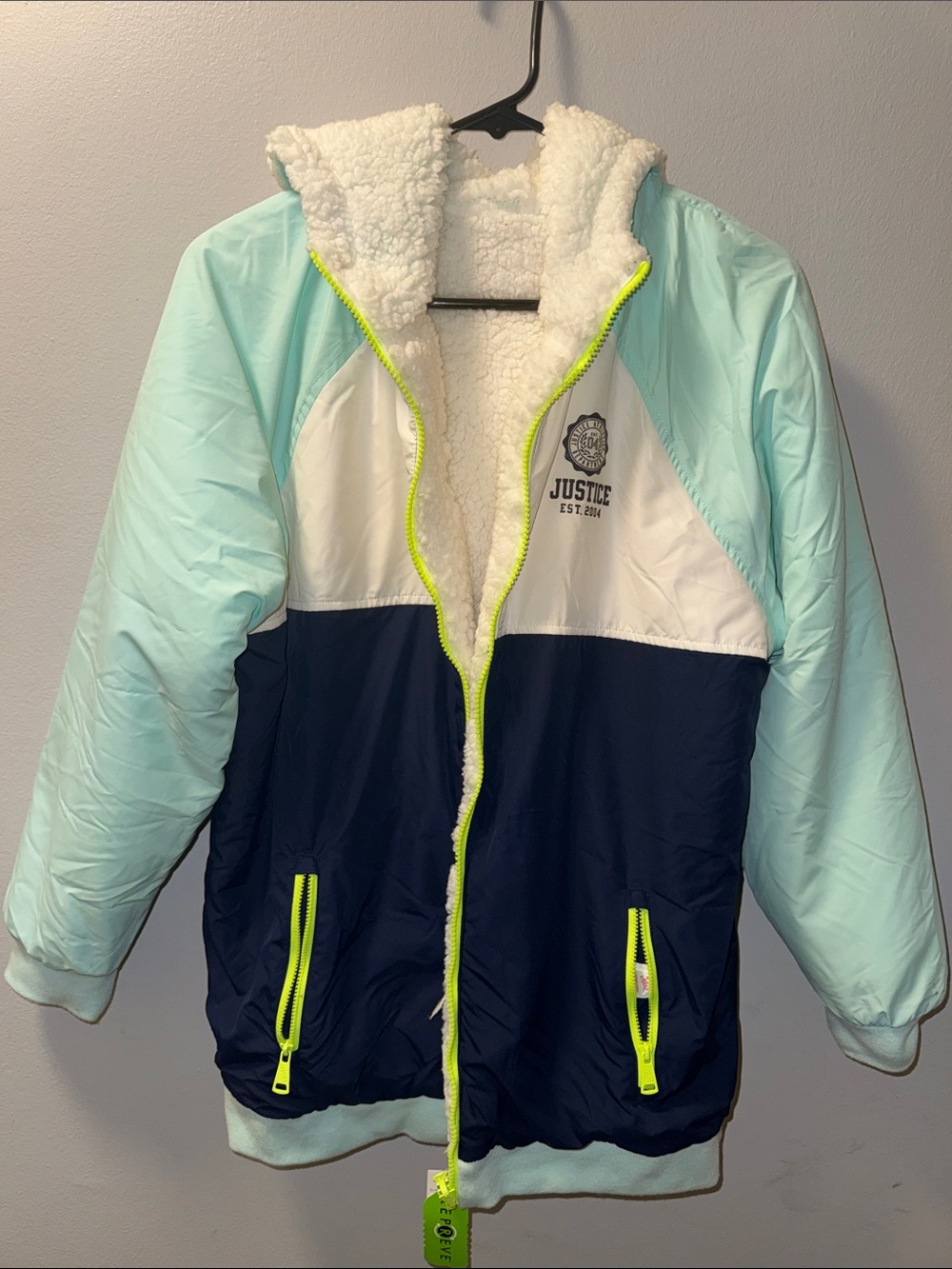 Justice White Sherpa Hoodie with Neon Yellow Accents - size 16/18